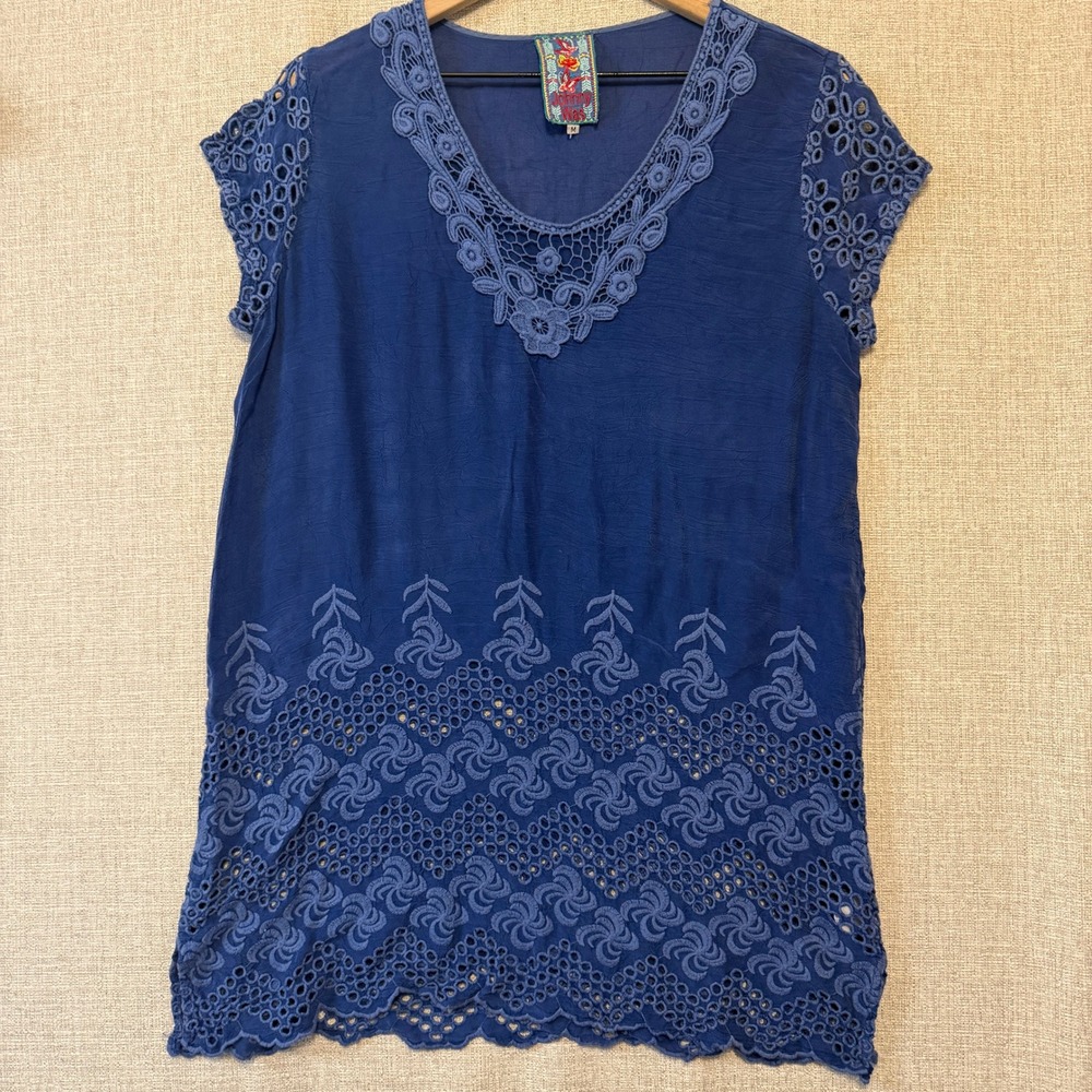 JOHNNY WAS Top Swimsuit Cover-up Womens Medium Blue Cupra Rayon Floral Crochet